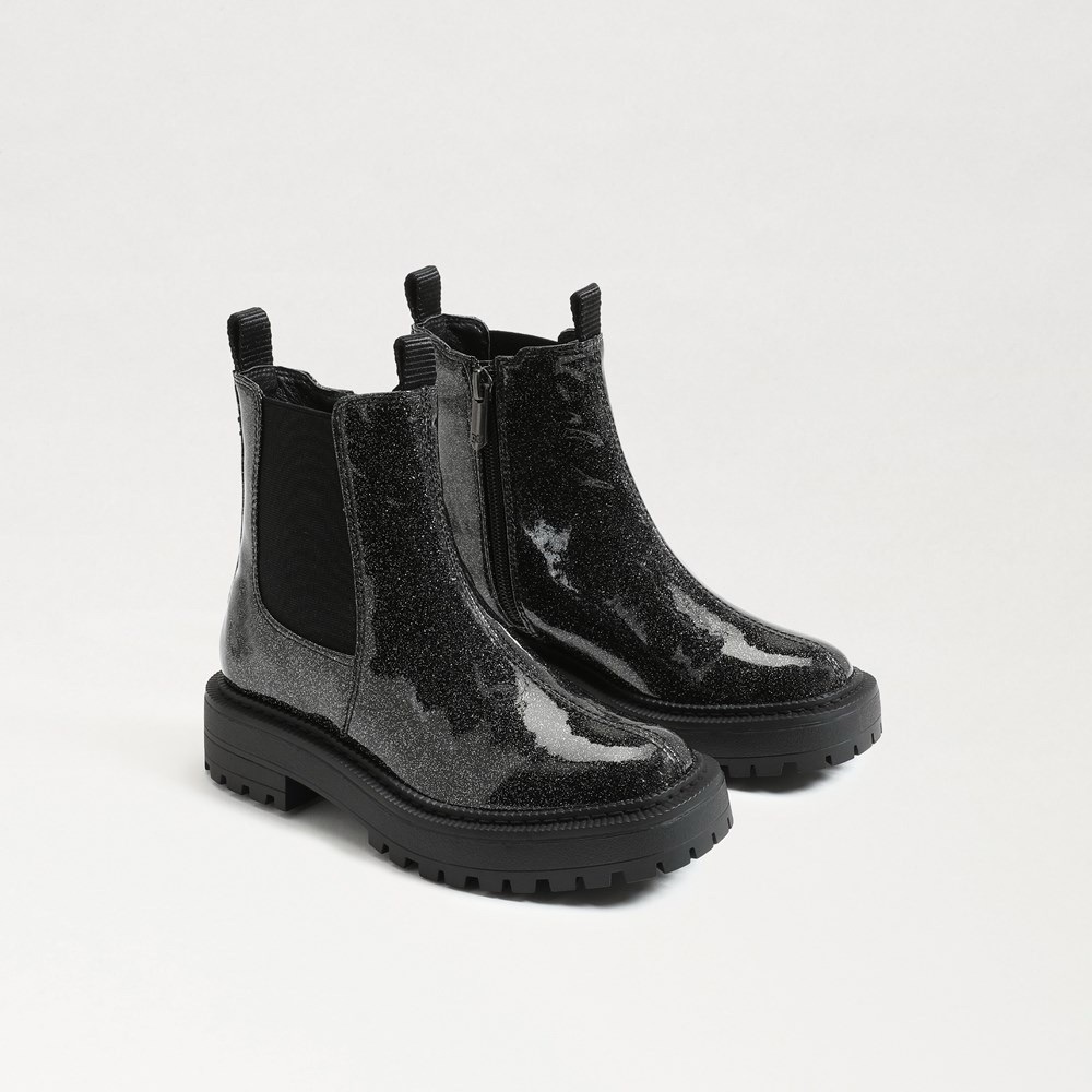 Sam Edelman Black Sparkle Patent Leather Laguna Chelsea Boots Gunmetal size 2